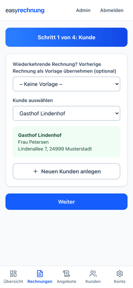 App-Screenshot Schritt 1: Kunde auswählen
